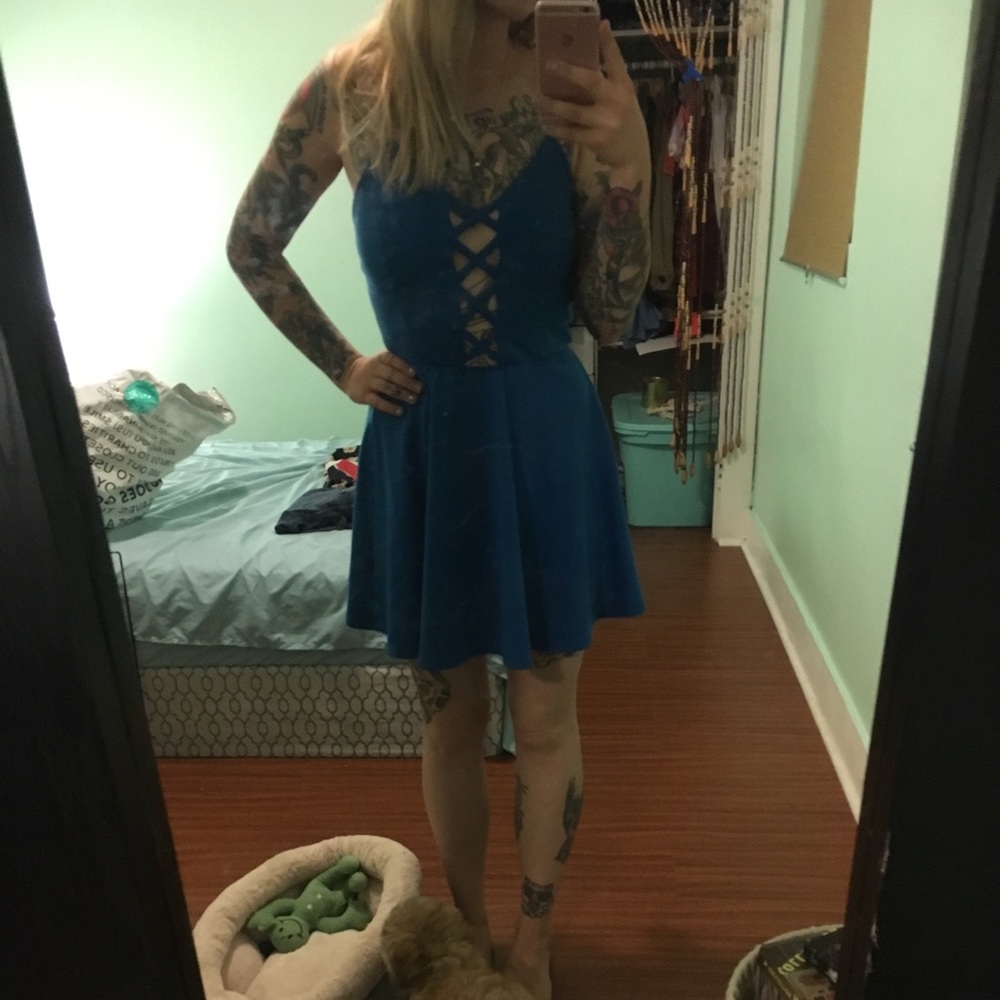 cuuute blue criss cross front cutout skater dress
